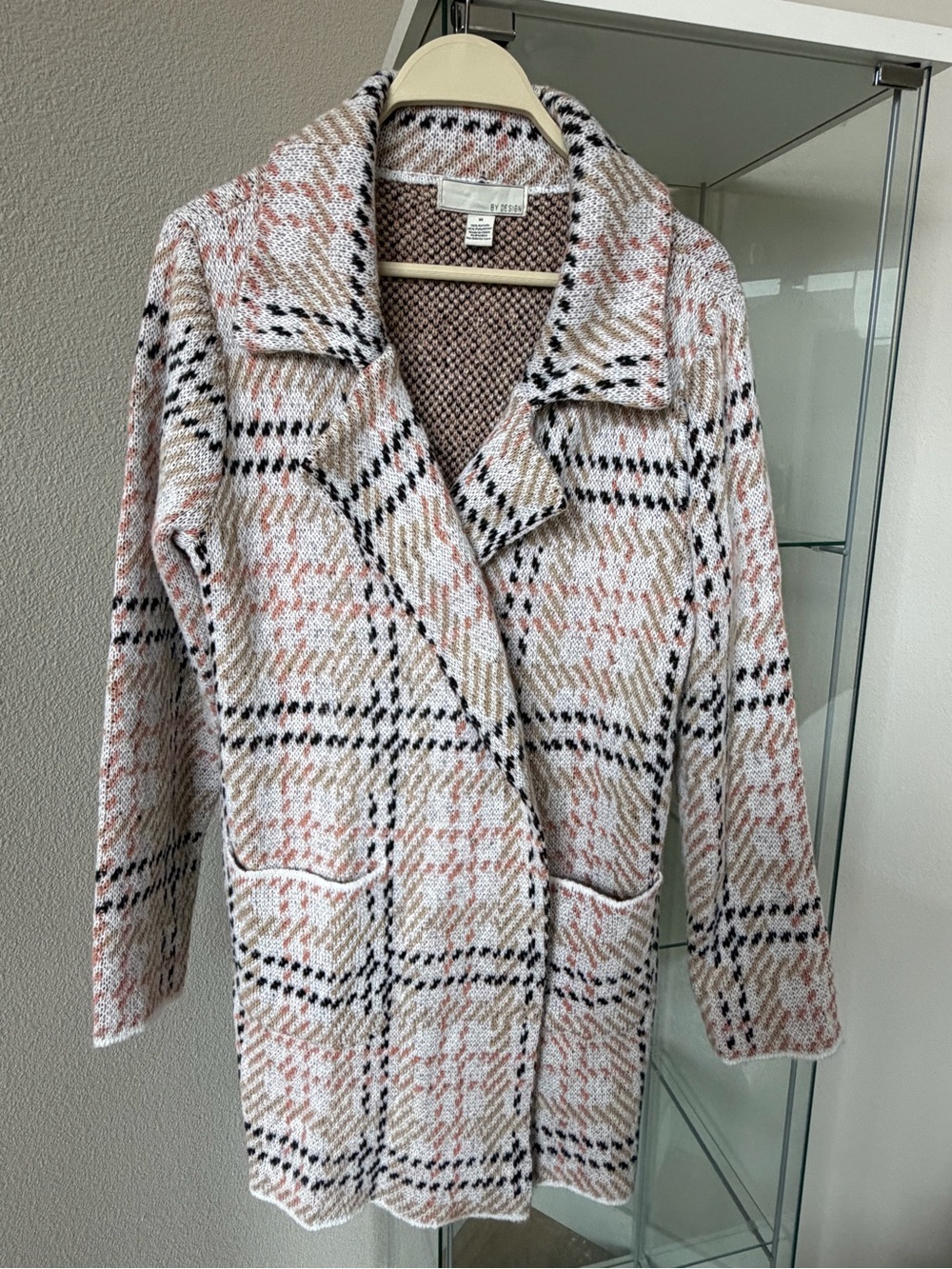 Plaid Open-Front Knit Sweater in Cream & Blush